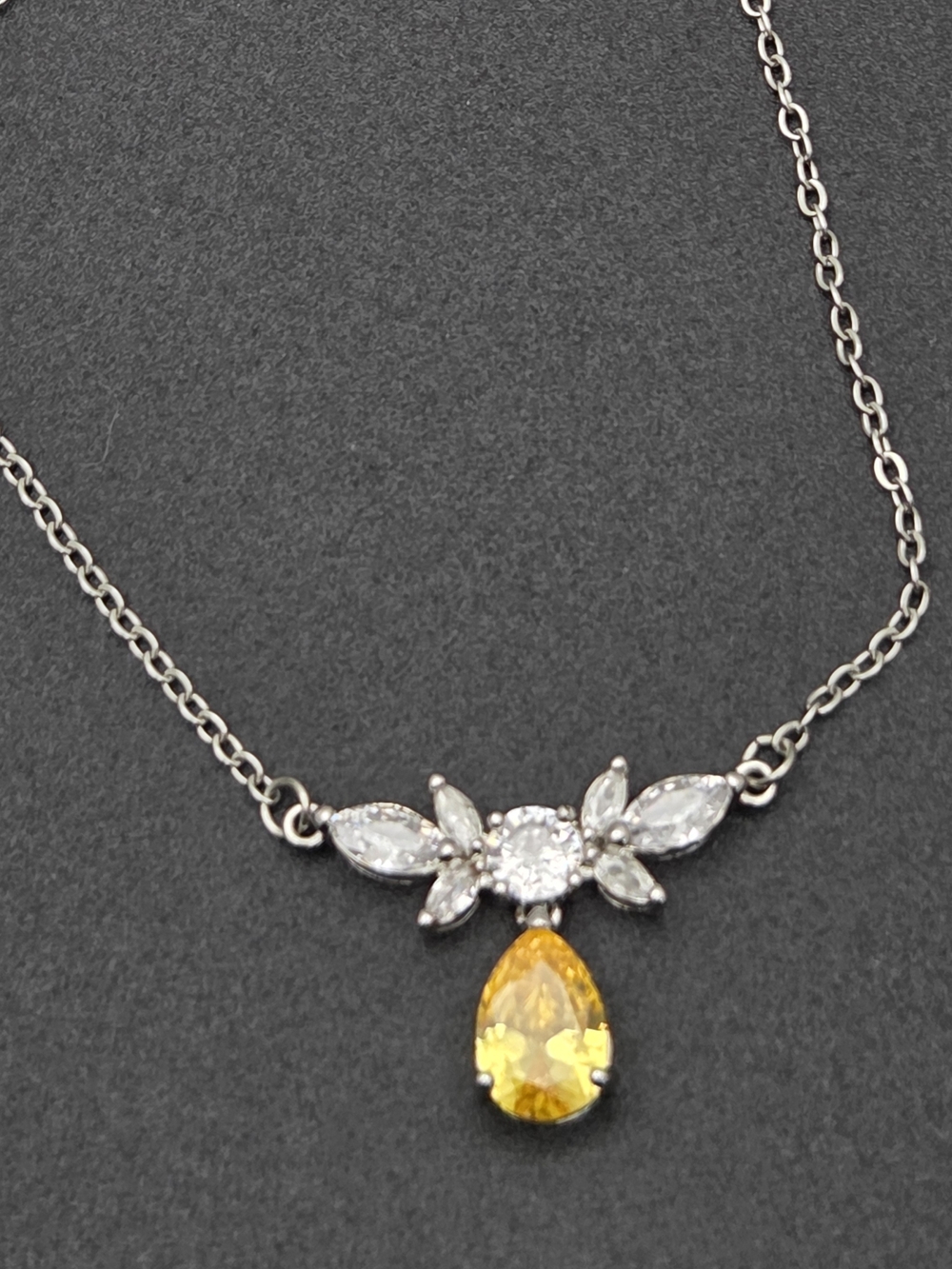 Modern Silver Tone Citrine-Colored Pear Cut Crystal Necklace